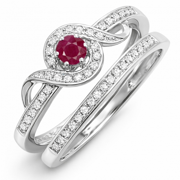 0.25 Carat (ctw) Sterling Silver Round White Diamond And Ruby Ladies Bridal Promise Ring Set Matching Band 1/4 CT