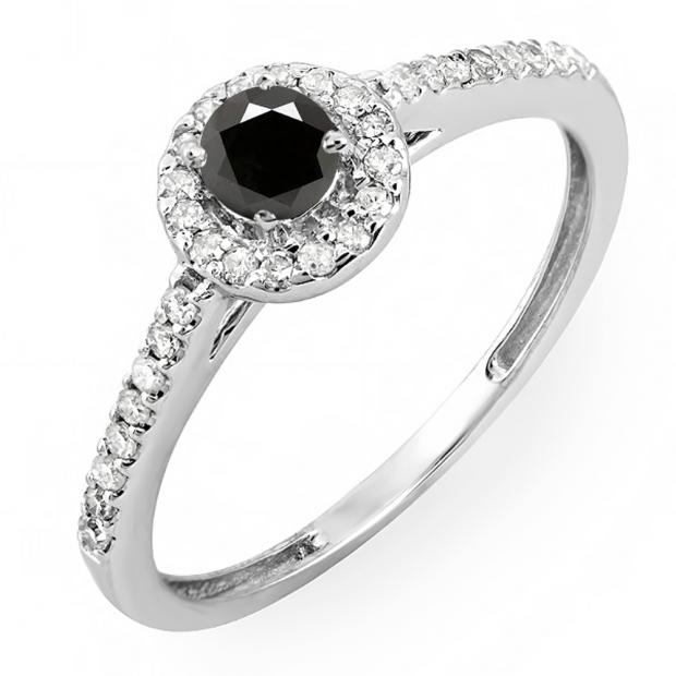 0.50 Carat (ctw) 10k White Gold Round Cut White & Black Diamond Ladies Engagement Bridal Halo Ring 1/2 CT