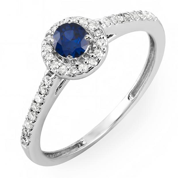 0.50 Carat (ctw) 10k White Gold Round Cut White Diamond & Blue Sapphire Ladies Engagement Bridal Halo Ring 1/2 CT