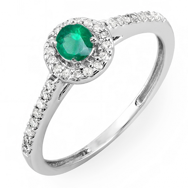 0.50 Carat (ctw) 14k White Gold Round Cut White Diamond & Green Emerald Ladies Engagement Bridal Halo Ring 1/2 CT