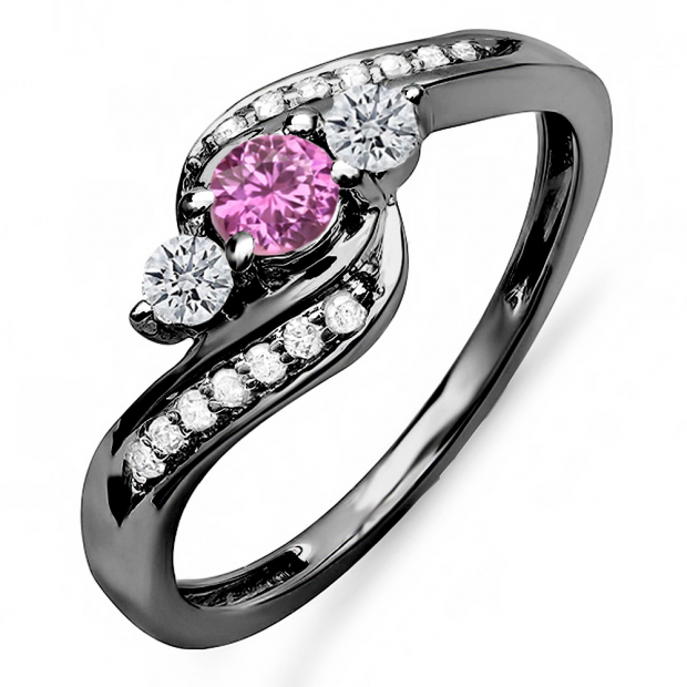 0.50 Carat (ctw) Black Rhodium Plated 10K Gold Round Pink Sapphire & White Diamond Ladies Swirl Engagement 3 Stone Bridal Ring 1/2 CT