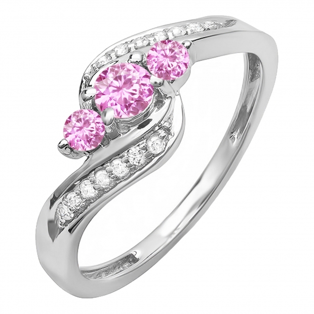 0.50 Carat (ctw) 10k White Gold Round Pink Sapphire And White Diamond Ladies Bridal Swirl Engagement 3 Stone Ring 1/2 CT