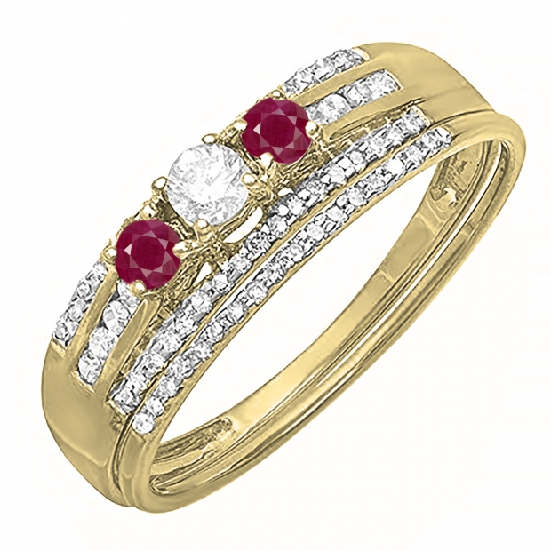 14K Yellow Gold Round Ruby & White Diamond Ladies 3 Stone Engagement Ring Set