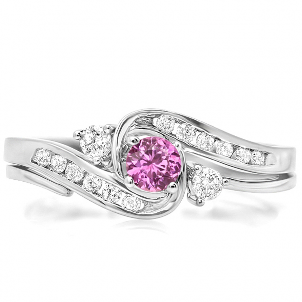 0.50 Carat (ctw) 10k White Gold Round Pink Sapphire & White Diamond Ladies Swirl Bridal Engagement Ring With Matching Band Set 1/2 CT