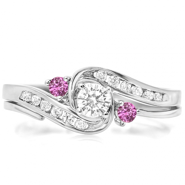 0.50 Carat (ctw) 10k White Gold Round Pink Sapphire & White Diamond Ladies Swirl Bridal Engagement Ring With Matching Band Set 1/2 CT