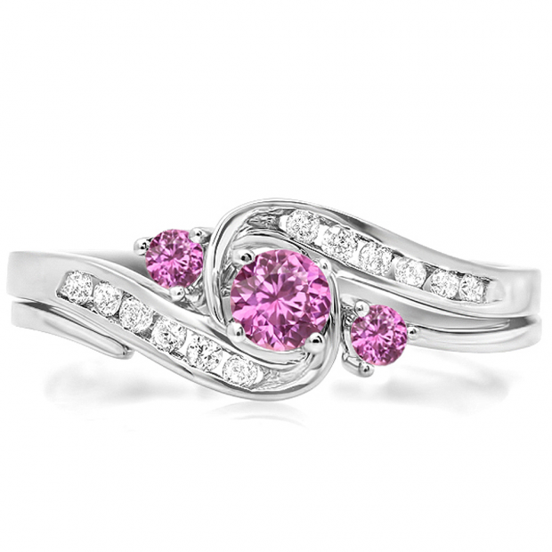 0.50 Carat (ctw) 10k White Gold Round Pink Sapphire & White Diamond Ladies Swirl Bridal Engagement Ring With Matching Band Set 1/2 CT