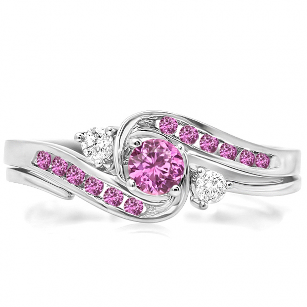 0.50 Carat (ctw) 10k White Gold Round Pink Sapphire & White Diamond Ladies Swirl Bridal Engagement Ring With Matching Band Set 1/2 CT