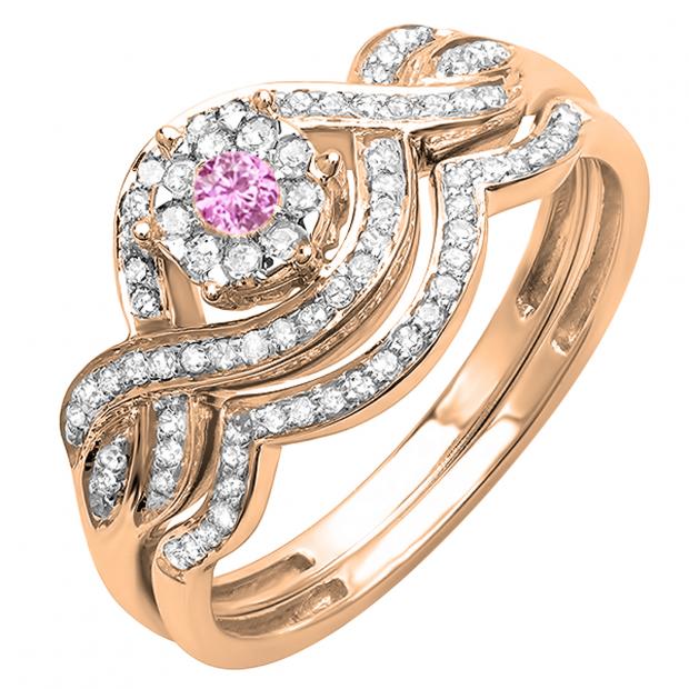 14K Rose Gold Round Pink Sapphire & White Diamond Ladies Engagement Ring Set