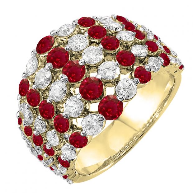 14K Yellow Gold Round Red Ruby & White Diamond Ladies Emgagement Cocktail Right Hand Ring