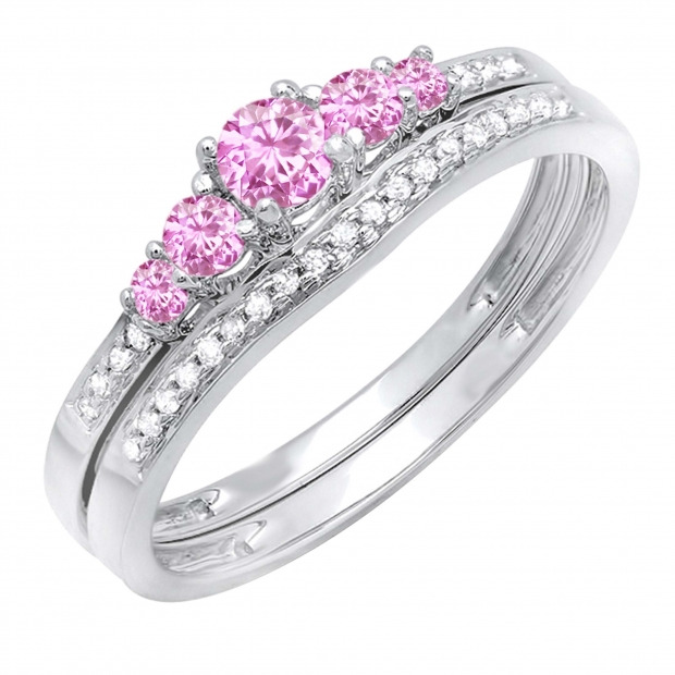 0.45 Carat (ctw) 14k White Gold Round Pink Sapphire And White Diamond Ladies 5 Stone Bridal Engagement Ring Matching Band Set 1/2 CT