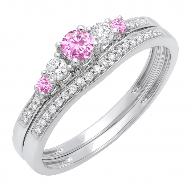 0.45 Carat (ctw) 14k White Gold Round Pink Sapphire And White Diamond Ladies 5 Stone Bridal Engagement Ring Matching Band Set 1/2 CT
