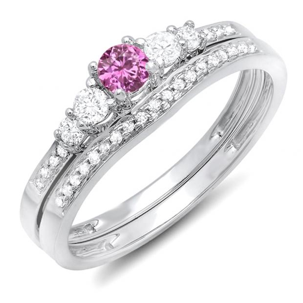 0.45 Carat (ctw) 10k White Gold Round Pink Sapphire And White Diamond Ladies 5 Stone Bridal Engagement Ring Matching Band Set 1/2 CT
