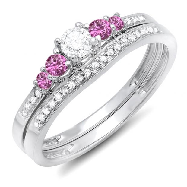 0.45 Carat (ctw) 10k White Gold Round Pink Sapphire And White Diamond Ladies 5 Stone Bridal Engagement Ring Matching Band Set 1/2 CT