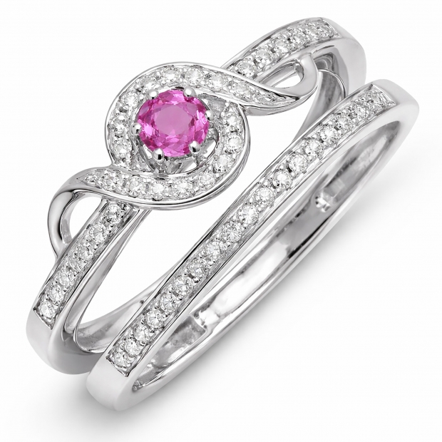 0.25 Carat (ctw) Sterling Silver Round Pink Sapphire & White Diamond Ladies Bridal Twisted Style Promise Ring With Matching Band Set 1/4 CT