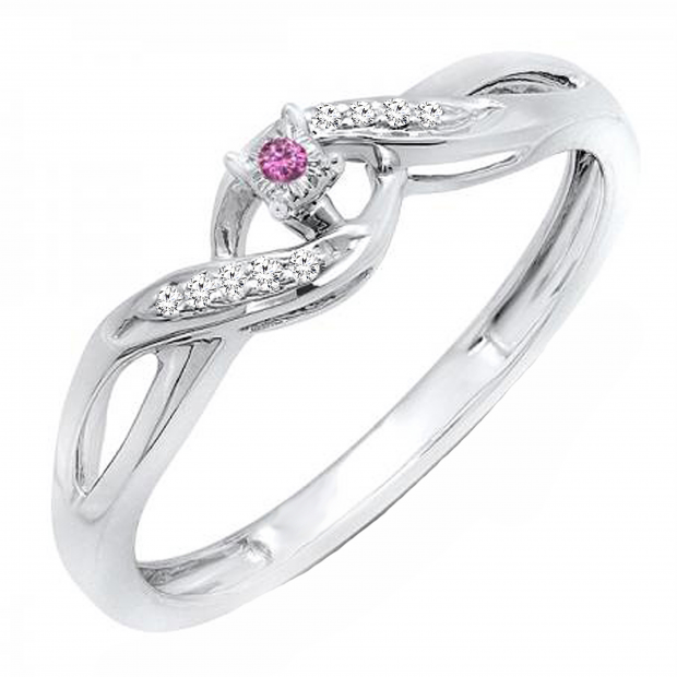 0.06 Carat (ctw) Sterling Silver Round Pink Sapphire & White Diamond Ladies Crossover Swirl Bridal Promise Engagement Ring