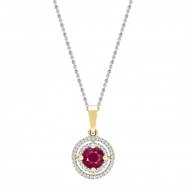 5mm Round Ruby and White Diamond Ladies Double Halo Pendant with 18 inch Silver Chain in 18K Yellow Gold