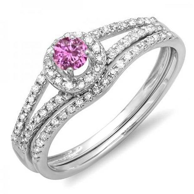 0.45 Carat (ctw) 10k White Gold Round Pink Sapphire & White Diamond Ladies Bridal Halo Style Engagement Ring With Wedding Band Set 1/2 CT