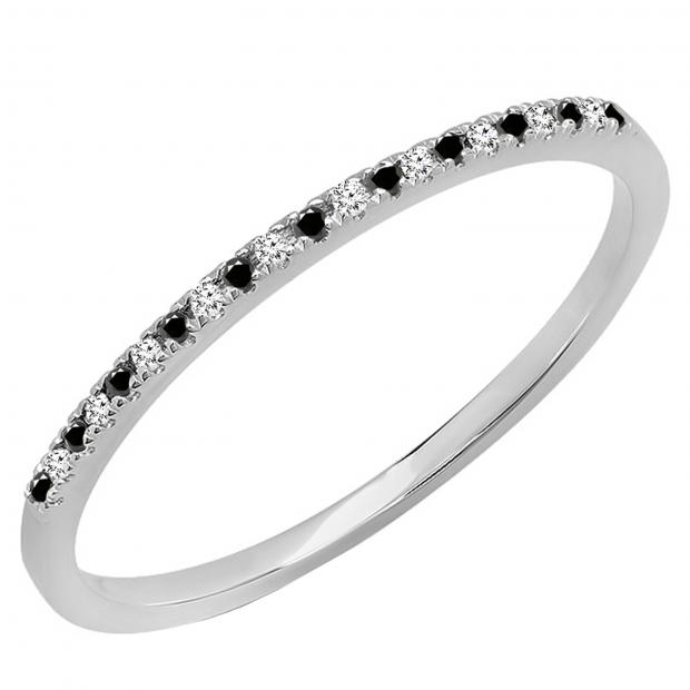 0.09 Carat (ctw) Round Black & White Alternate Diamond Dainty Stackable Wedding Band for Women in 10K White Gold