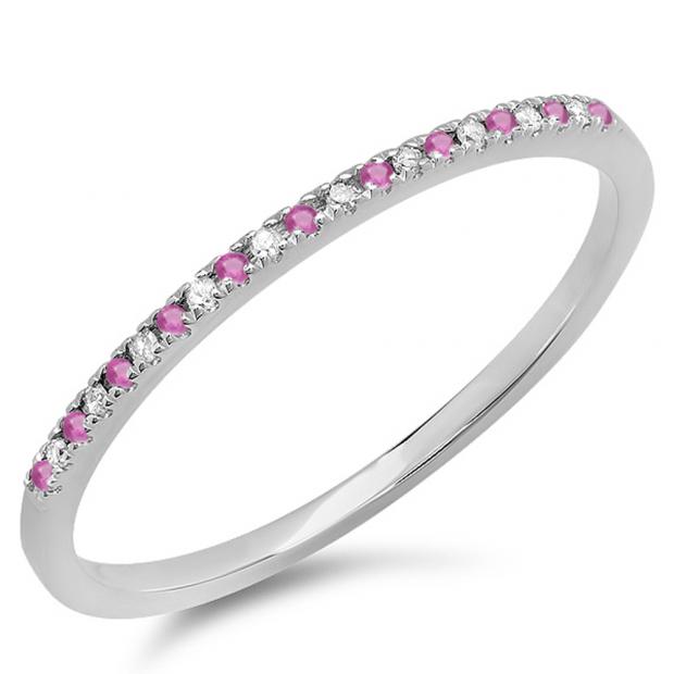 0.08 Carat (ctw) 10k White Gold Round Pink Sapphire & White Diamond Ladies Dainty Anniversary Wedding Band Stackable Ring