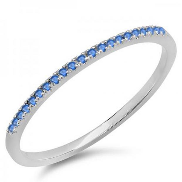 0.08 Carat (ctw) 10k White Gold Round Blue Sapphire Ladies Dainty Anniversary Wedding Band Stackable Ring