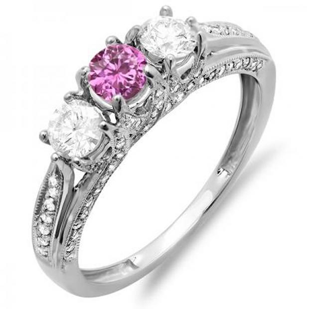 1.00 Carat (ctw) 14k White Gold Round White Diamond And Pink Sapphire Ladies Vintage Bridal 3 Stone Engagement Ring 1 CT