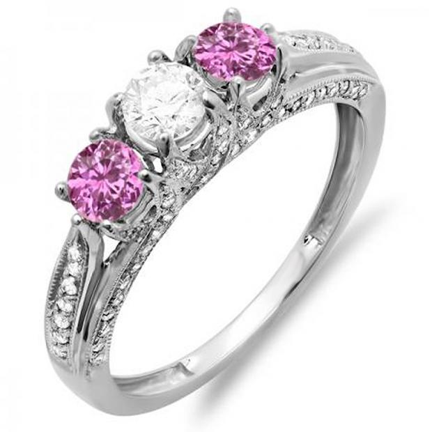 1.00 Carat (ctw) 10k White Gold Round White Diamond And Pink Sapphire Ladies Vintage Bridal 3 Stone Engagement Ring 1 CT