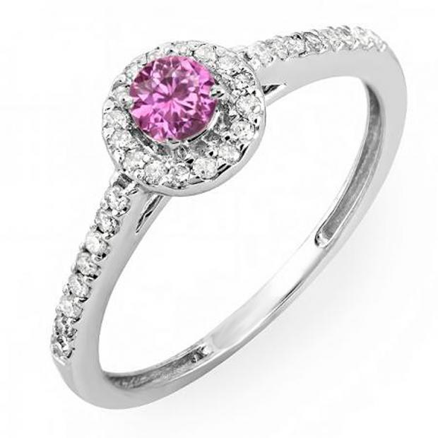 0.50 Carat (ctw) 10k White Gold Round Cut Pink Sapphire & White Diamond Ladies Engagement Bridal Halo Ring 1/2 CT