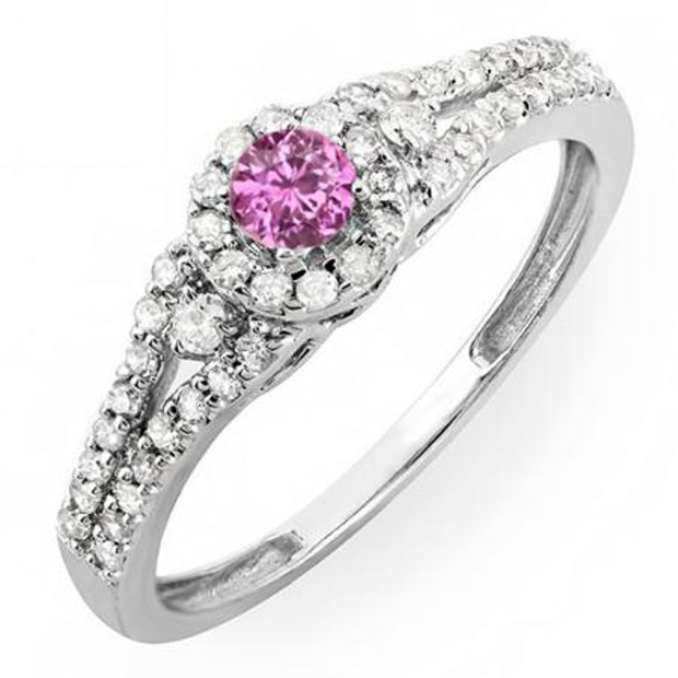 0.50 Carat (ctw) 10k White Gold Round Cut Pink Sapphire & White Diamond Ladies Engagement Halo Style Bridal Ring 1/2 CT
