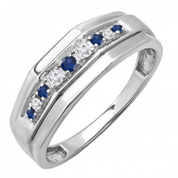0.25 Carat (ctw) Sterling Silver Round Blue Sapphire & White Diamond Men