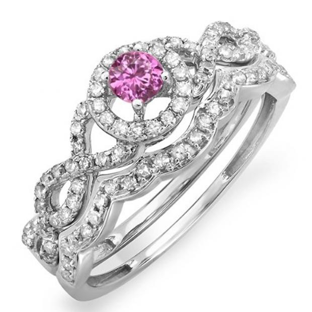 0.60 Carat (ctw) 14k White Gold Round Pink Sapphire & White Diamond Ladies Halo Style Bridal Engagement Ring Matching Band Set