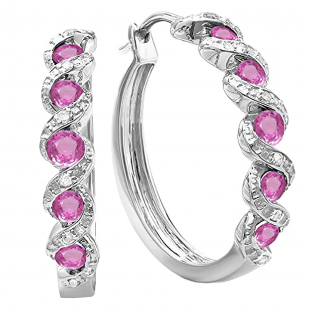 0.86 Carat (ctw) Sterling Silver Round White Diamond & Pink Sapphire Ladies Hoop Earrings
