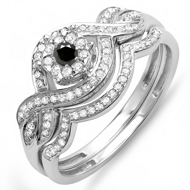 0.40 Carat (ctw) 14k White Gold Round Black & White Diamond Ladies Bridal Engagement Ring Matching Band Set
