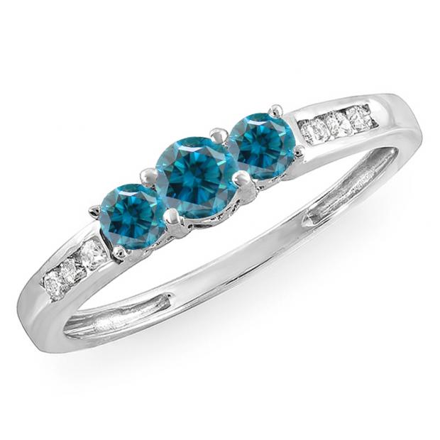 0.35 Carat (ctw) 10k White Gold Round Blue & White Diamond Ladies 3 stone Engagement Bridal Ring 1/3 CT