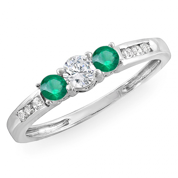 0.35 Carat (ctw) 14k White Gold Round Green Emerald & White Diamond Ladies 3 stone Engagement Bridal Ring 1/3 CT