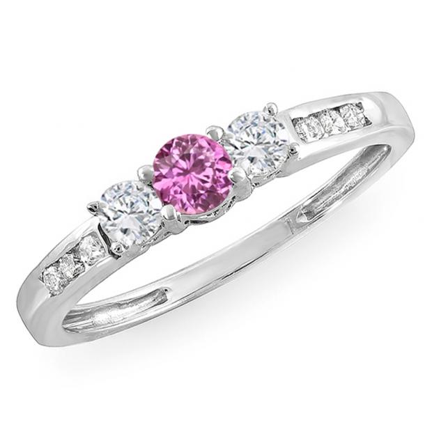 0.35 Carat (ctw) 14k White Gold Round Pink Sapphire & White Diamond Ladies 3 stone Engagement Bridal Ring 1/3 CT