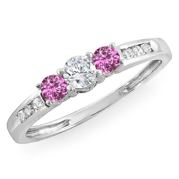 0.35 Carat (ctw) 10k White Gold Round Pink Sapphire & White Diamond Ladies 3 stone Engagement Bridal Ring 1/3 CT
