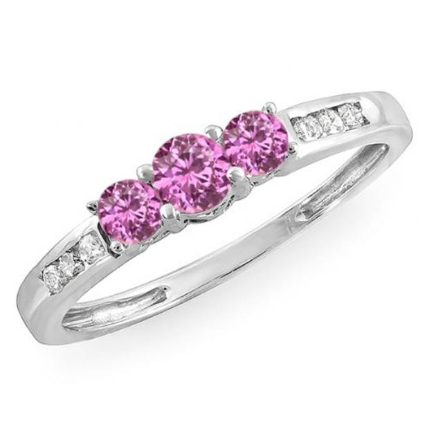 0.35 Carat (ctw) 10k White Gold Round Pink Sapphire & White Diamond Ladies 3 stone Engagement Bridal Ring 1/3 CT