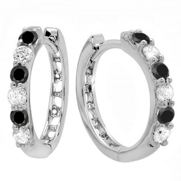 0.33 Carat (ctw) Round Black & White Diamond Ladies Huggies Hoop Earrings 1/3 CT 10K White Gold