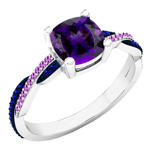 6 MM Cushion Amethyst & Round Blue Sapphire & Amethyst Ladies Swirl Engagement Ring, 10K White Gold