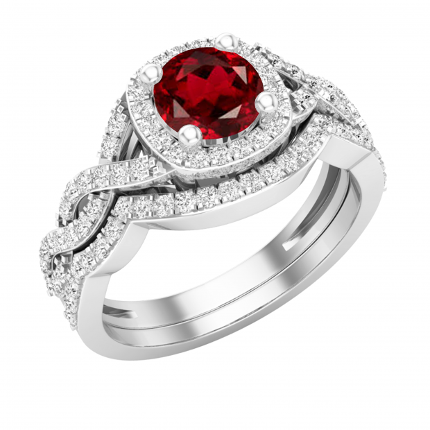 5.8 mm Round Garnet & 0.55 ct White Diamond Ladies Twisted Style Halo Wedding Ring Set | 925 Sterling Silver