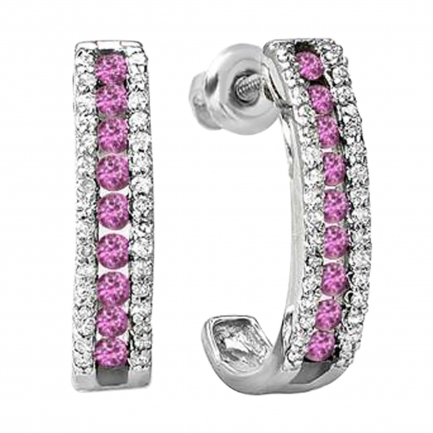 0.55 Carat (ctw) Sterling Silver Ladies Round Pink Sapphire And White Diamond Hoop Earrings 1/2 CT