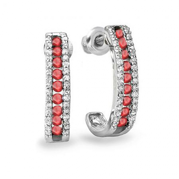 0.55 Carat (ctw) Sterling Silver Ladies Round Ruby And White Diamond Hoop Earrings 1/2 CT
