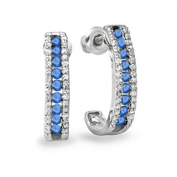 0.55 Carat (ctw) Sterling Silver Ladies Round Blue Sapphire And White Diamond Hoop Earrings 1/2 CT