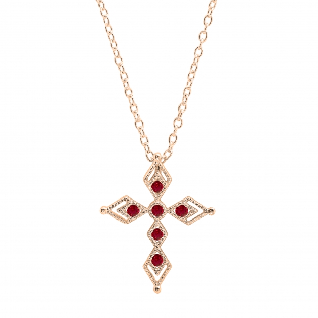 Round Ruby Vintage Style Cross Pendant with 18 inch Gold Chain for Women in 14K Rose Gold