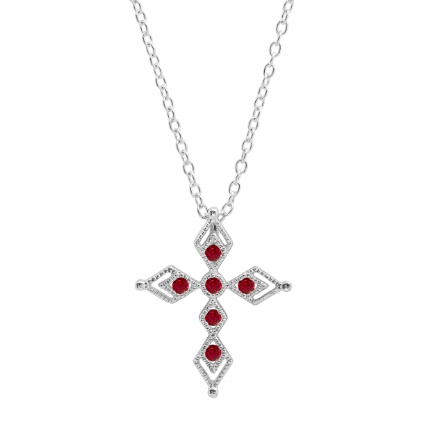 Round Ruby Vintage Style Cross Pendant with 18 inch Silver Chain for Women in 925 Sterling Silver