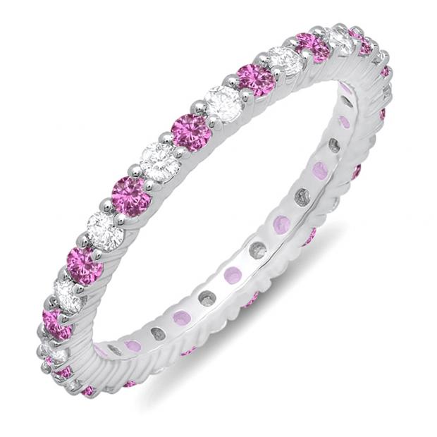 1.00 Carat (ctw) 18k White Gold Round Pink Sapphire & White Diamond Ladies Eternity Anniversary Stackable Ring Wedding Band 1 CT