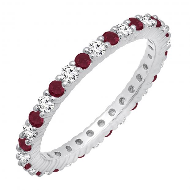 1.00 Carat (ctw) 10k White Gold Round Ruby & White Diamond Ladies Eternity Anniversary Stackable Ring Wedding Band 1 CT