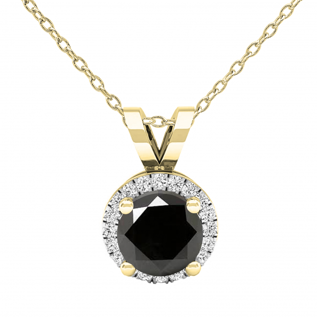 0.90 Carat (ctw) Round Black & White Diamond Ladies Halo Circle Pendant With 18 inch Gold Chain | 14K Yellow Gold