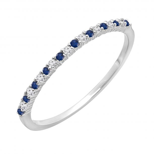 0.15 Carat (ctw) 10k White Gold Round Blue Sapphire & White Diamond Ladies Anniversary Wedding Band Stackable Ring