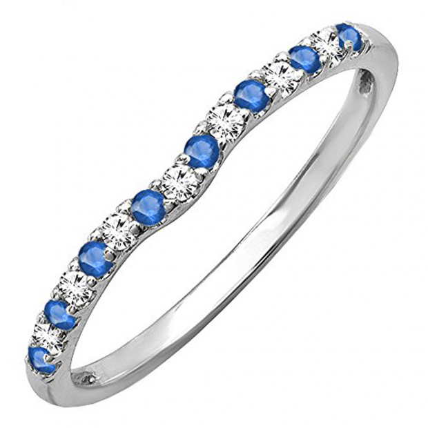 0.25 Carat (ctw) 10K White Gold Round Blue Sapphire & White Diamond Anniversary Wedding Ring Matching Band 1/4 CT